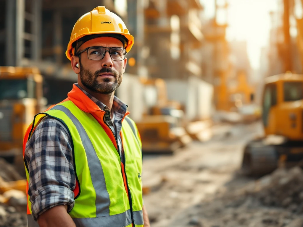 Ein Bauleiter in gelber Schutzausrüstung trägt Ohrstöpsel auf einer Baustelle, betont Sicherheit und Lärmschutz im realistischen Stil.