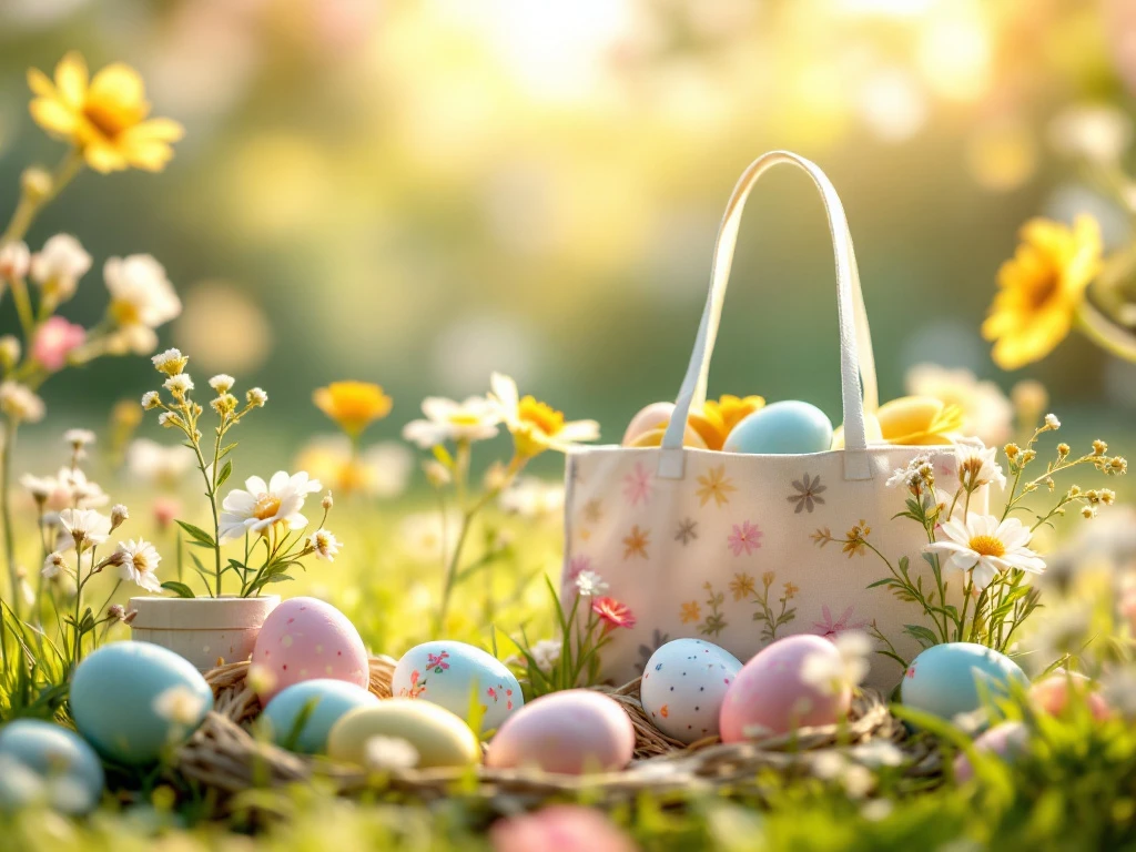 Osterpromo-Szene mit pastellfarbenen Eiern, umweltfreundlichen Taschen und Frühlingsdeko vor sonnenbeschienener Wiese. Harmonisch und einladend.