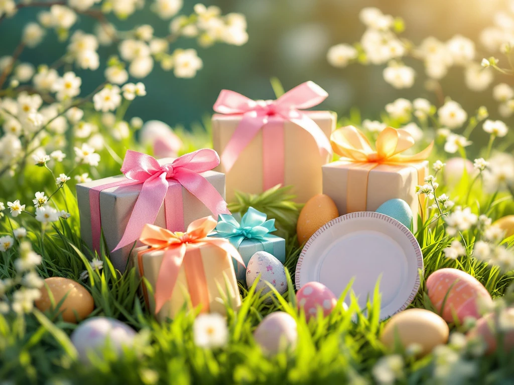 Ostergeschenke mit pastellfarbenen Bändern auf grünem Gras, inkl. cooler Tasche und Teller; Eier und Blumen im Hintergrund.