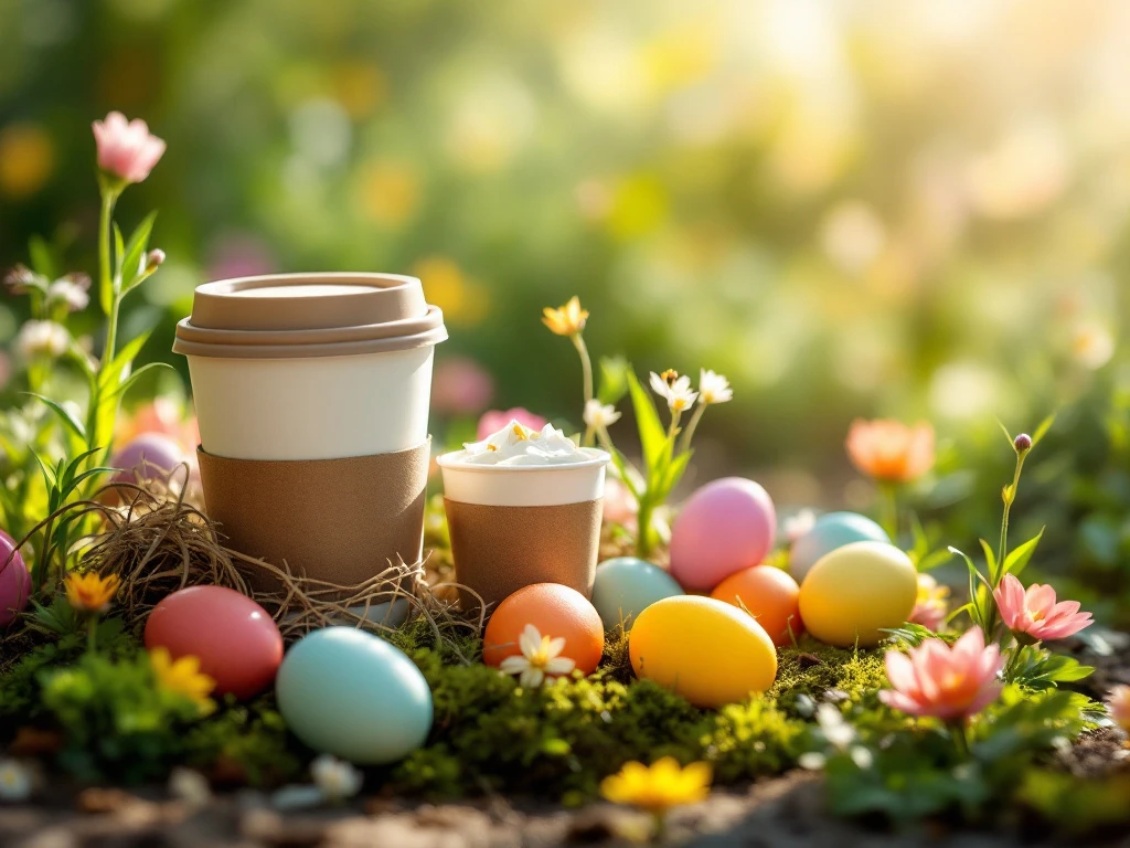 Ein Osterbild zeigt nachhaltige CRIMEX-Produkte im Frühlingsgarten, umgeben von Blumen und Eiern, in warmem Sonnenlicht.