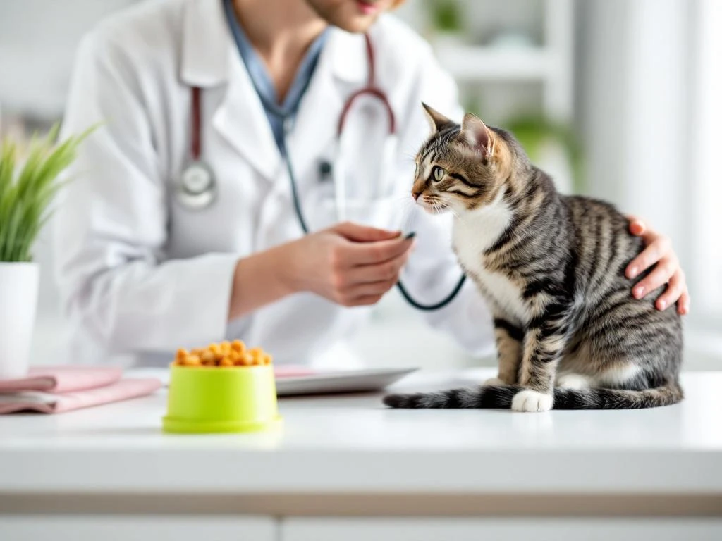 Tierarzt untersucht Tabby-Katze mit Stethoskop auf Untersuchungstisch in heller Tierklinik