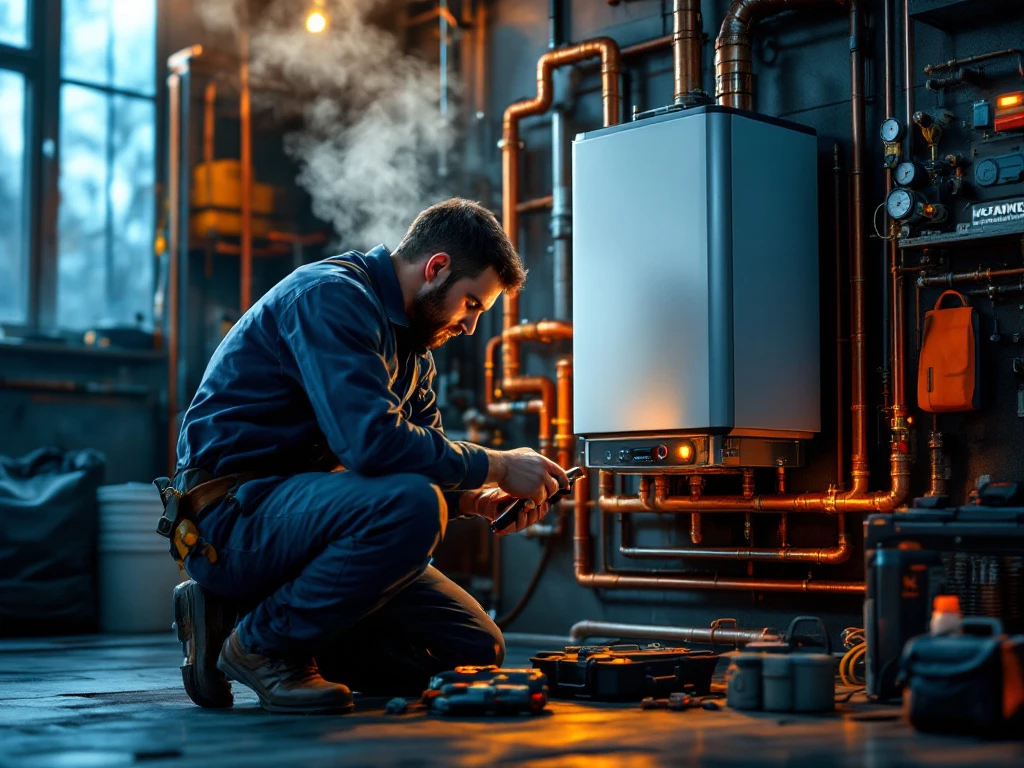 Heizungstechniker in Arbeitskleidung repariert moderne Heizungsanlage mit Präzisionswerkzeugen in professioneller Werkstatt