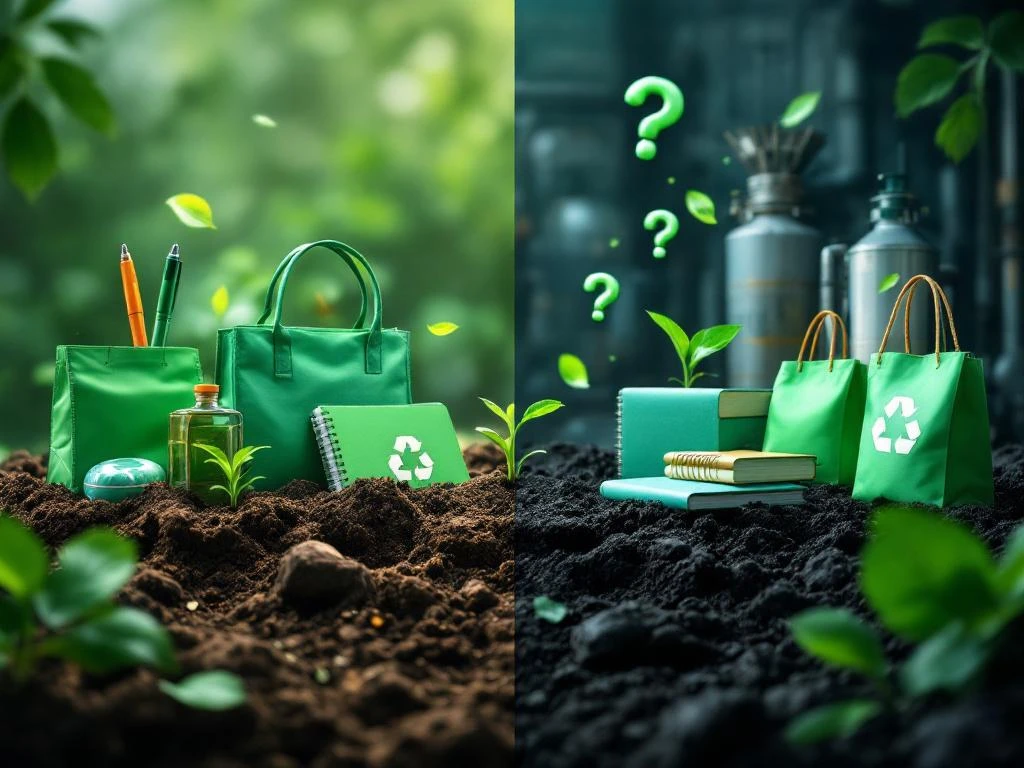 Aufgeteilte Szene: links biologisch abbaubare Werbeartikel, die zu Erde mit Pflanzen zerfallen, rechts industrielle Umgebung