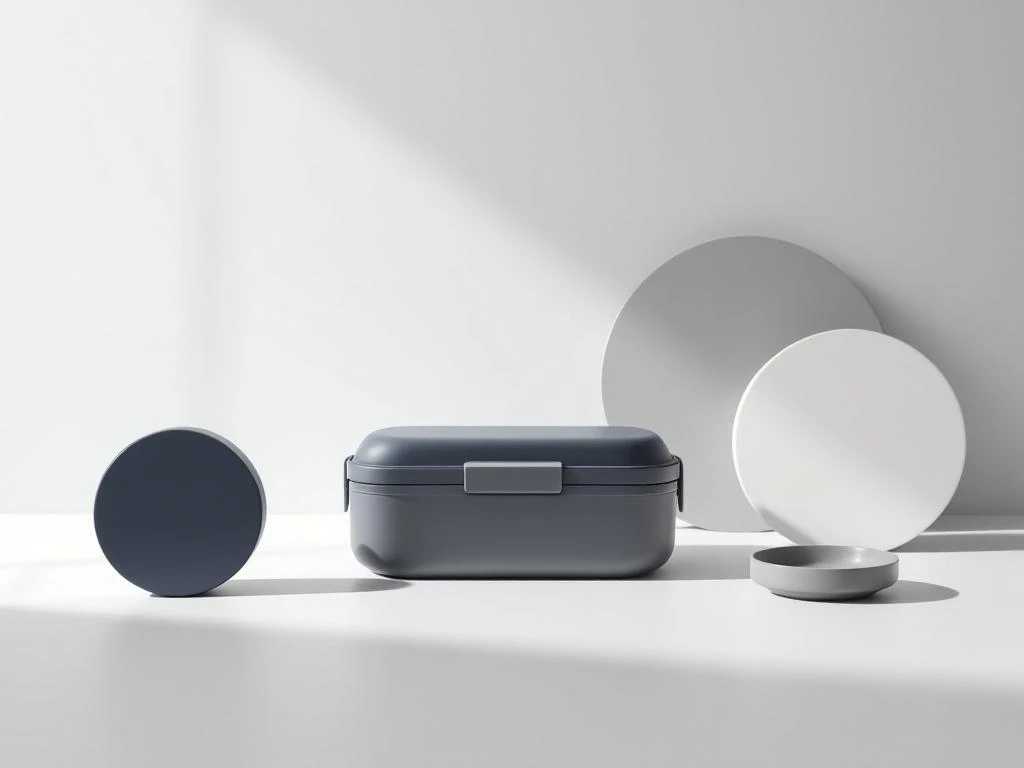Moderne minimalistische Lunchbox mit geometrischen Formen in Navy, Grau und Weiß auf weißem Hintergrund