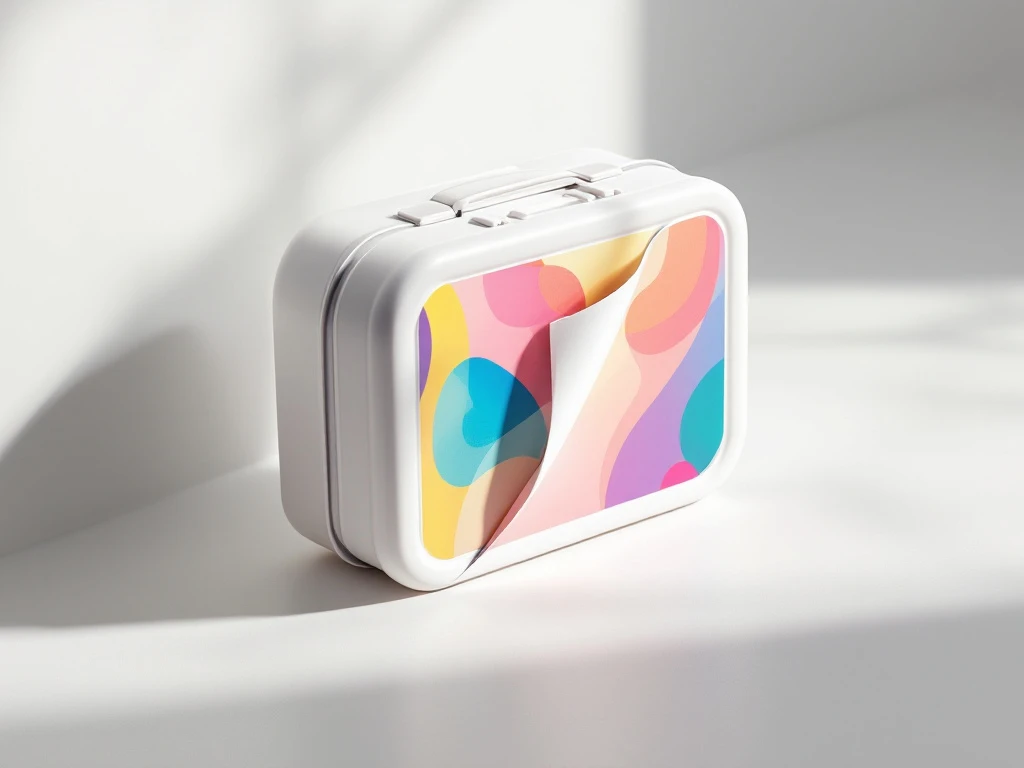 Weiße Lunchbox mit buntem Aufdruck auf grauer Oberfläche, zeigt Abnutzung an einer Ecke des Designs