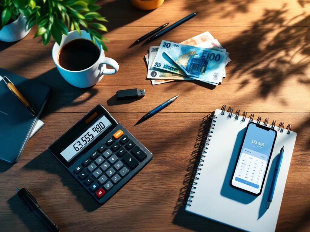 Moderner Schreibtisch mit Taschenrechner, Euro-Banknoten, Smartphone mit Budget-App und Werbeartikel von oben