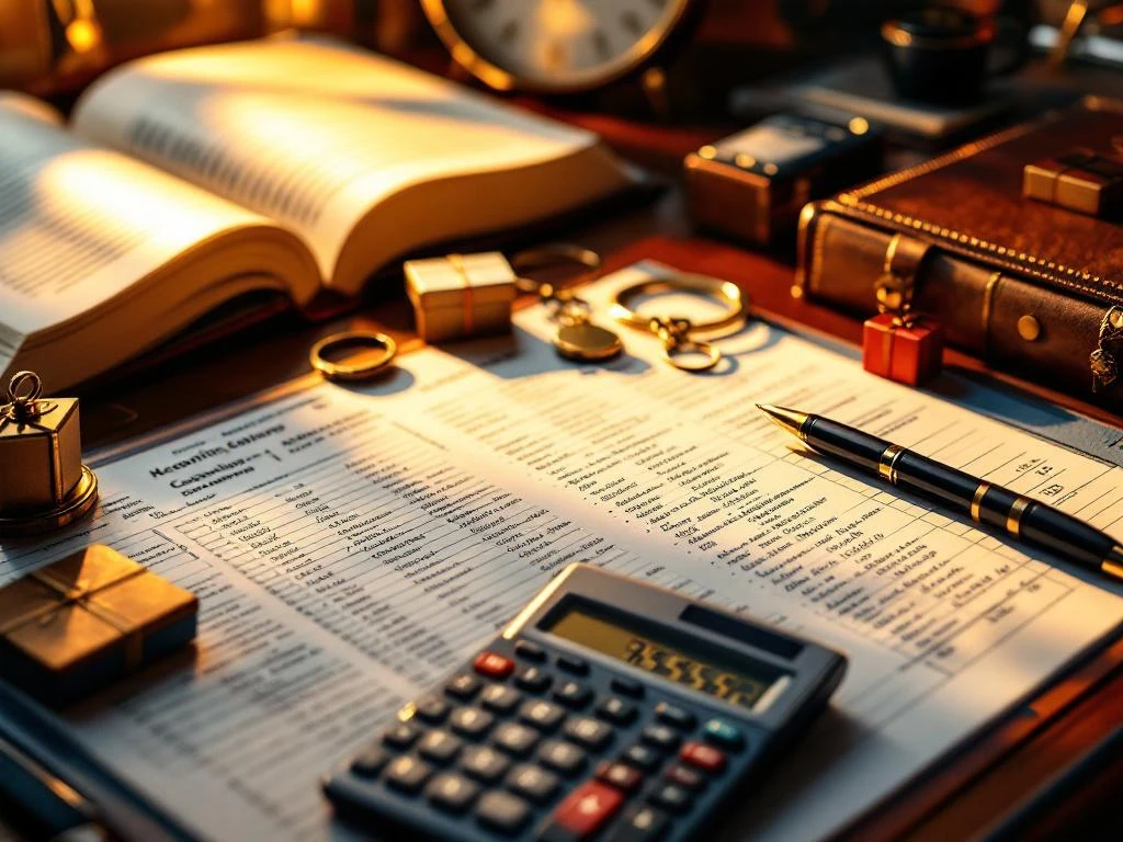 Eleganter Holzschreibtisch mit Taschenrechner, Werbeartikel wie Kugelschreiber und Schlüsselanhänger sowie offenen Buchhaltungsbüchern