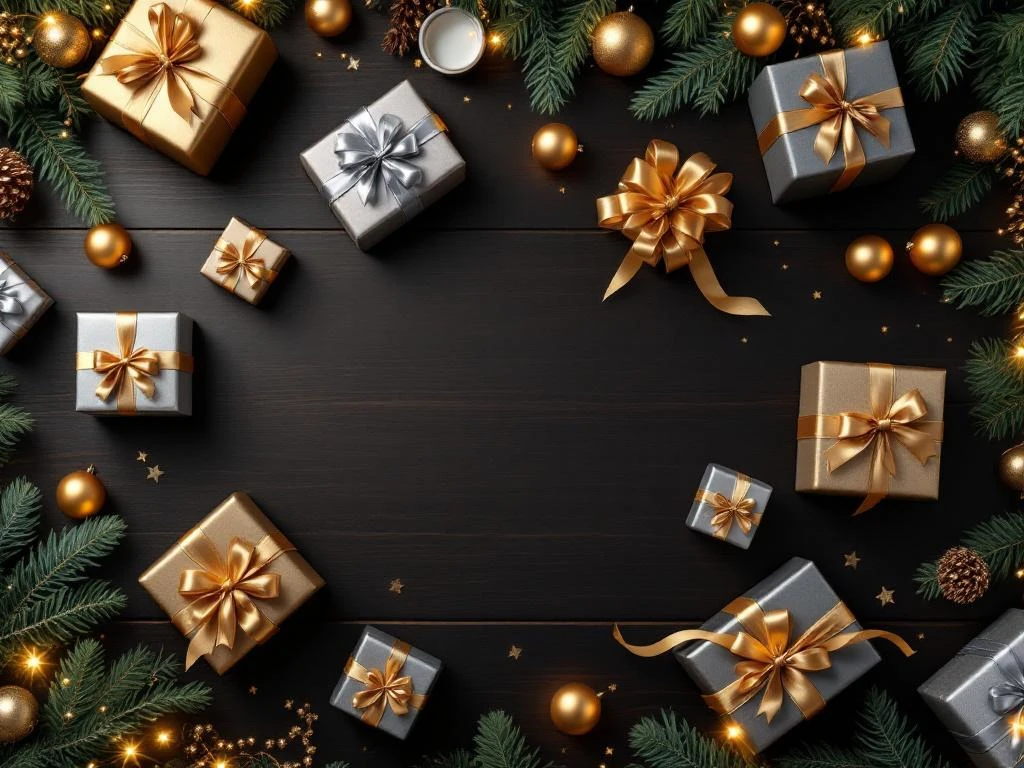 Luxuriöse Firmengeschenke in Gold- und Silberbändern spiralförmig auf dunklem Holztisch mit Weihnachtsdekoration angeordnet