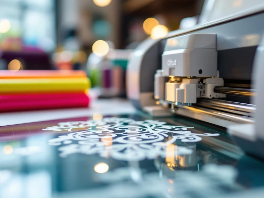 Cricut-Schneidemaschine schneidet präzise Vinyldesigns auf Glas mit scharfen Kanten und Handwerkswerkzeugen im Hintergrund