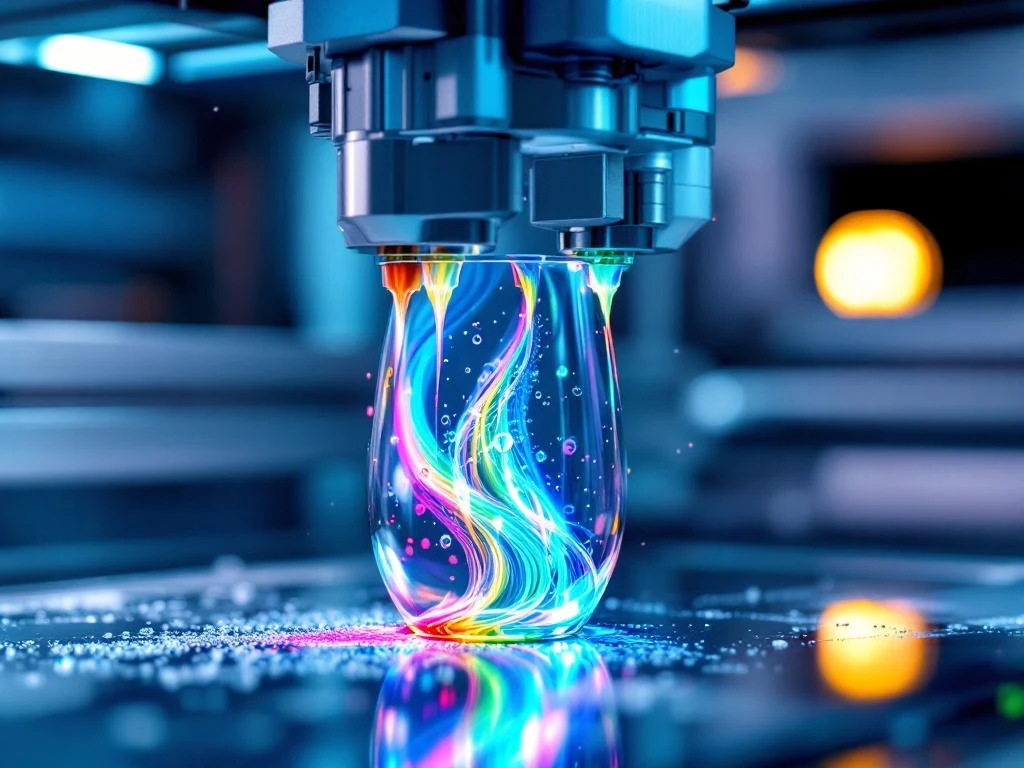 Glasflasche wird mit bunten Tinten bedruckt, Nahaufnahme von Druckdüsen beim digitalen Glasdruck in moderner Fabrik
