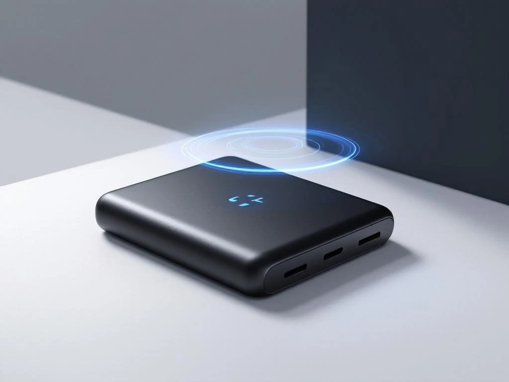 Moderne schwarze kabellose Powerbank mit blauer LED-Anzeige und Wireless-Charging-Funktion auf weißer Oberfläche