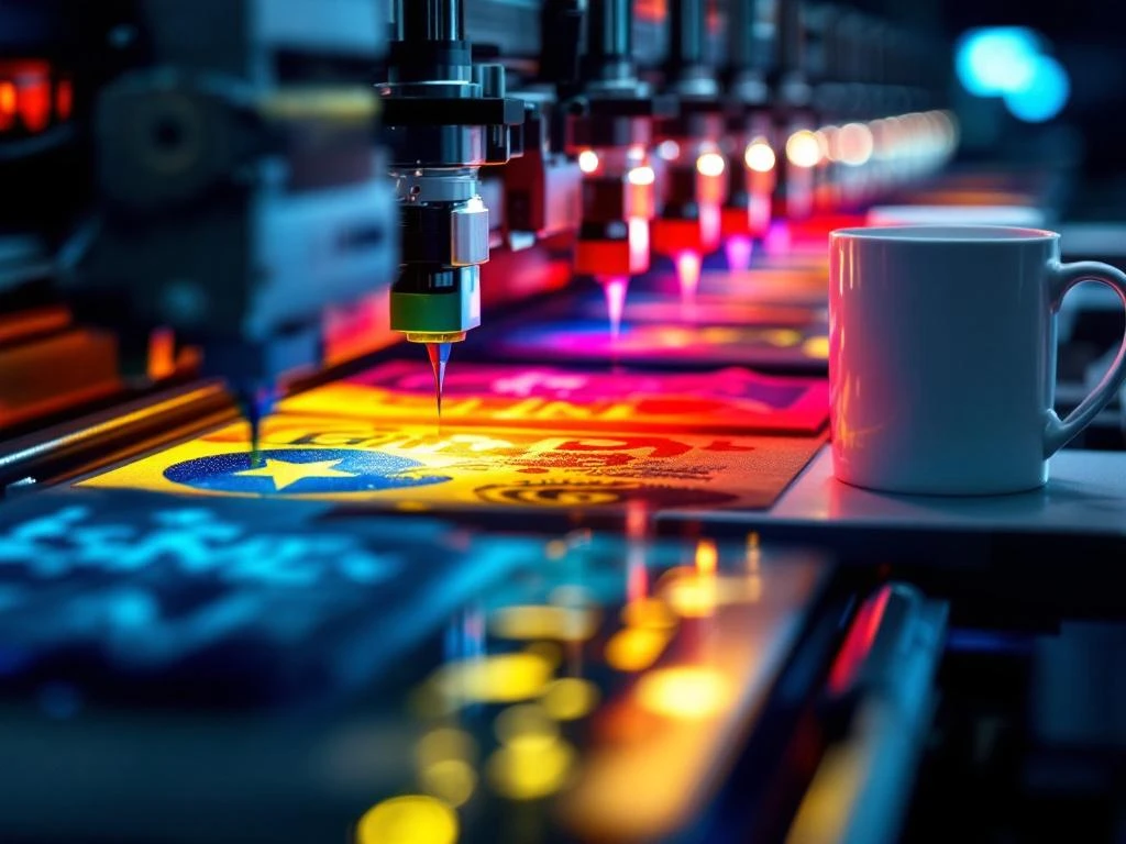 Druckmaschine mit Farbrollen bedruckt Werbeartikel wie Stifte, Tassen und T-Shirts in CMYK-Farben