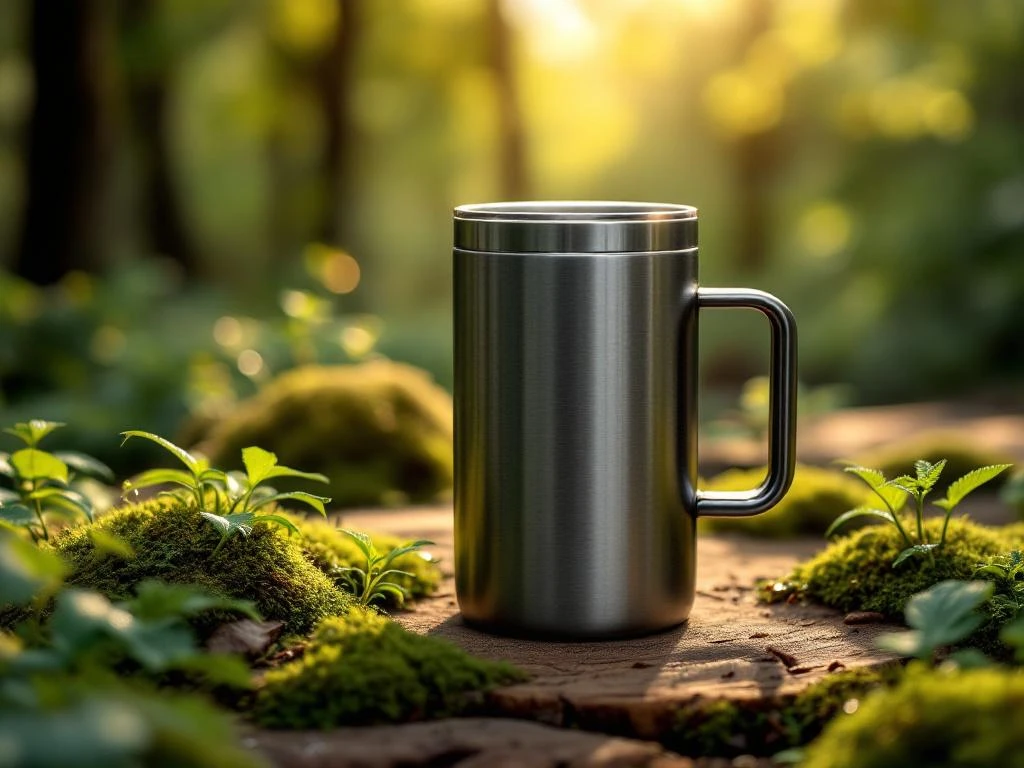 Elegante Edelstahl-Thermobecher mit mattem Finish auf Holzoberfläche, umgeben von grünen Pflanzen und Moos