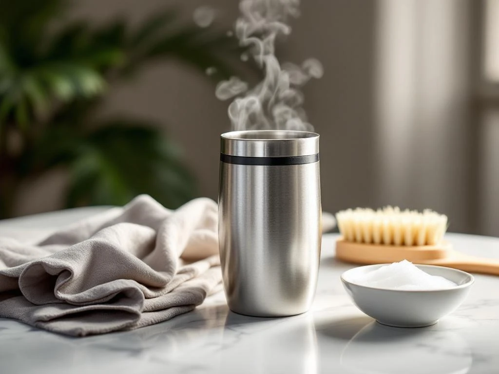 Edelstahl-Thermobecher mit Firmenlogo neben Reinigungszubehör wie Mikrofasertuch und Bürste auf weißer Oberfläche