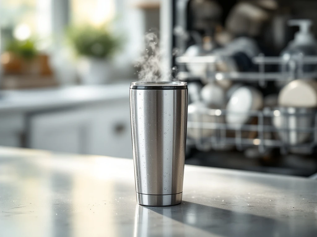 Edelstahl-Thermobecher auf moderner Küchenarbeitsplatte neben offener Spülmaschine mit Dampf und sauberen Tellern