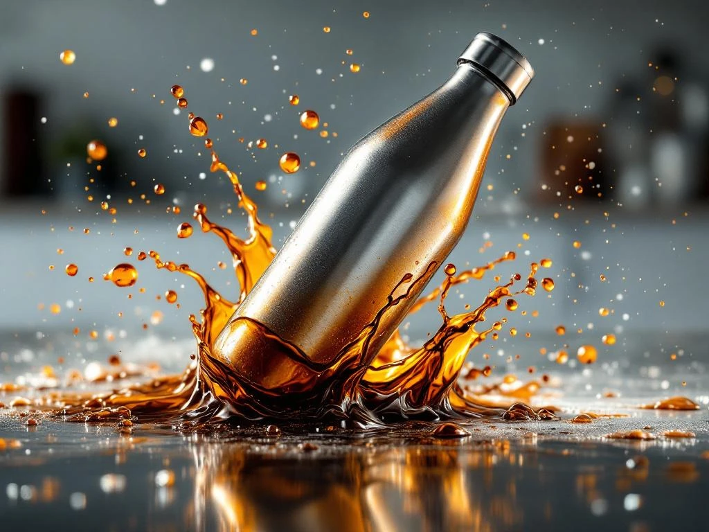 Edelstahl-Wasserflasche mit verschütteten gefährlichen Flüssigkeiten und Korrosionsschäden auf Küchenarbeitsplatte