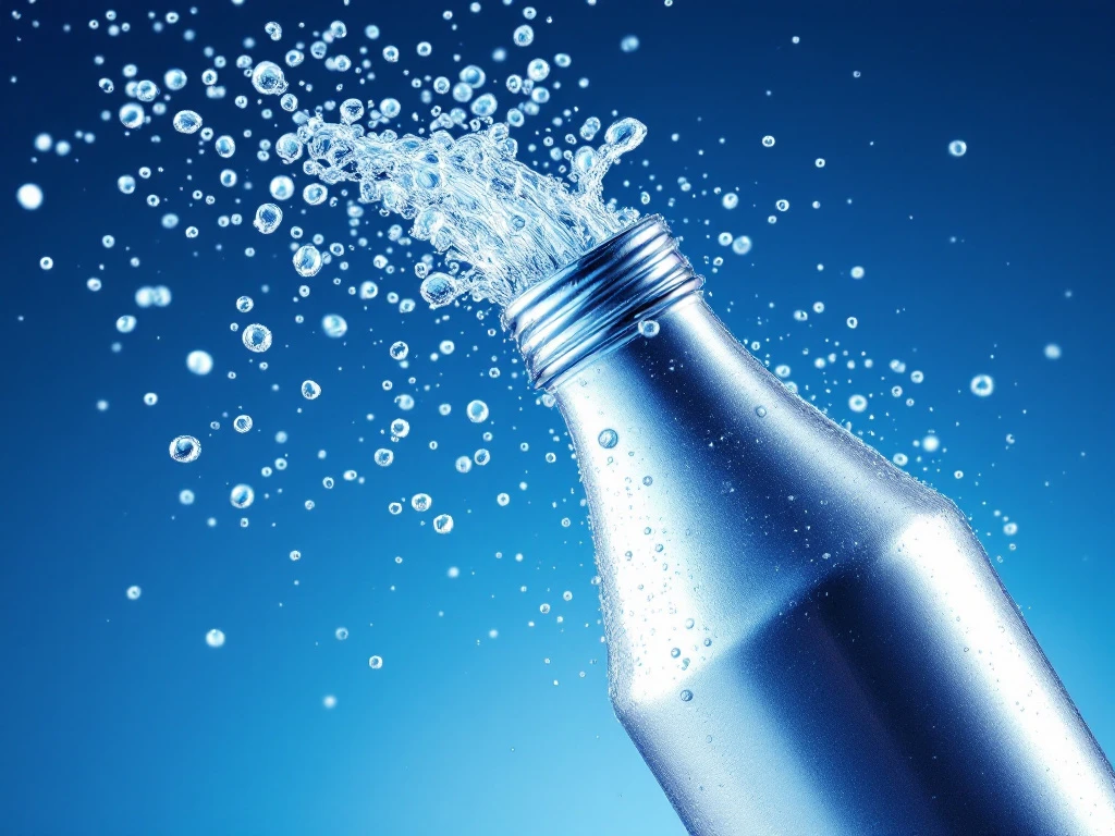 Edelstahl-Wasserflasche mit explosiv austretenden CO2-Blasen und Wassertropfen vor blau-weißem Hintergrund