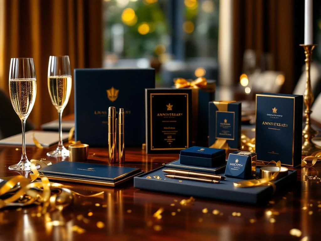 Elegante Firmen-Werbegeschenke und Jubiläumsartikel auf Mahagoni-Konferenztisch mit goldener Beleuchtung arrangiert