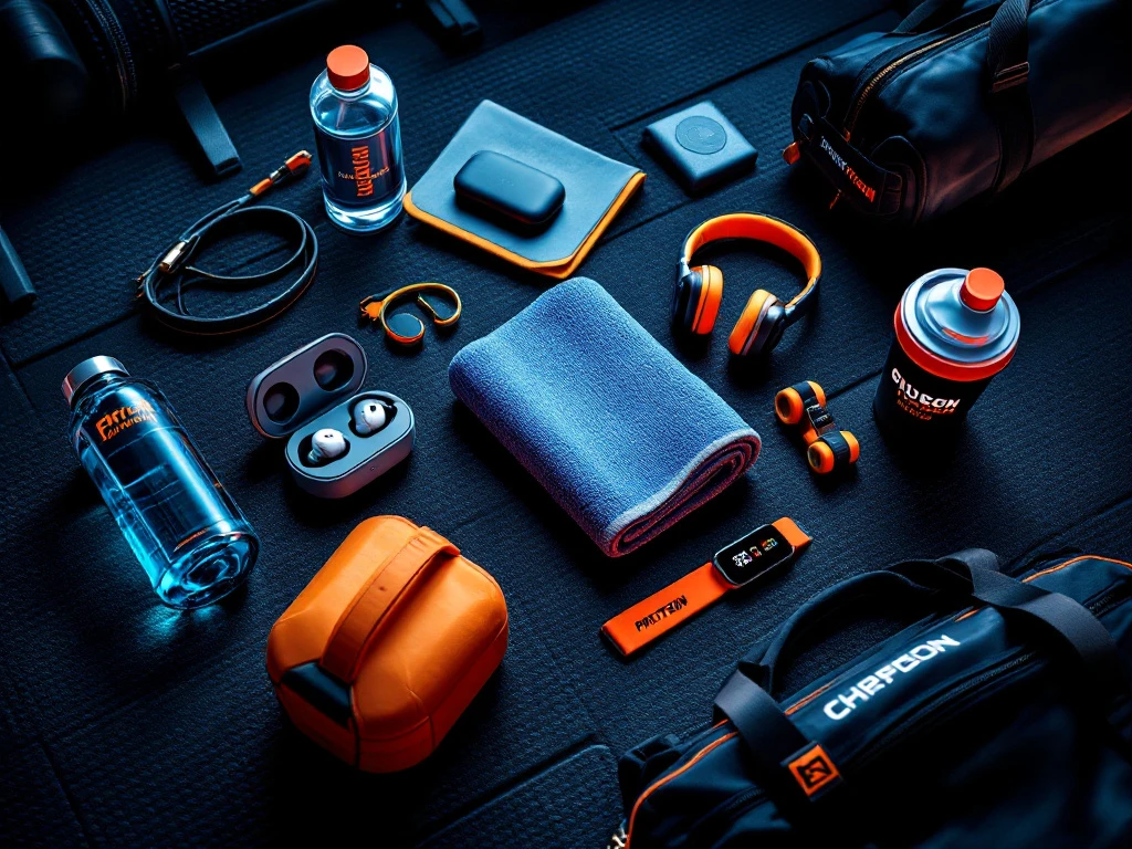 Sieben Fitness-Werbeartikel auf dunklem Gummiboden: Wasserflasche, Kopfhörer, Handtuch, Tracker, Widerstandsbänder, Tasche