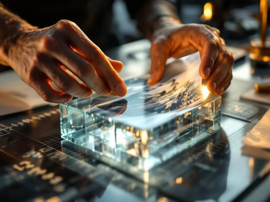 Hände übertragen Bild auf Glas mit Transferpapier und Werkzeugen in professionellem Studio-Setup