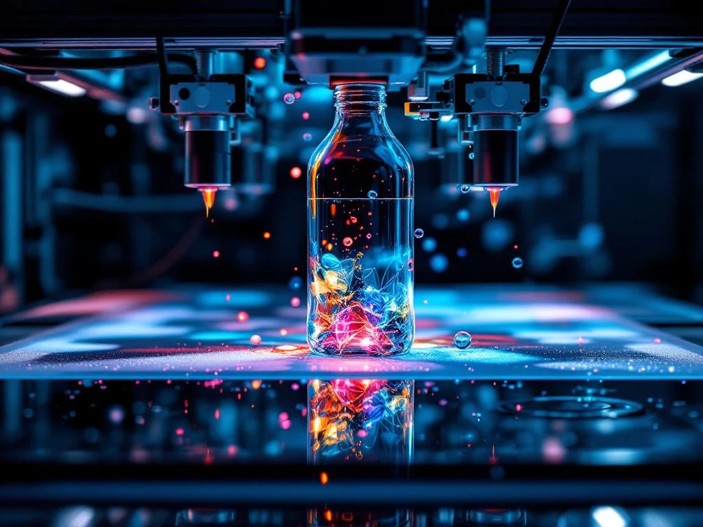 Industrieller Glasdrucker bedruckt Glasflasche mit bunten Tinten in professioneller Druckerei mit LED-Beleuchtung