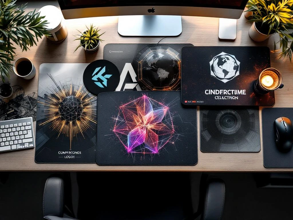 Mehrere bedruckte Mousepads mit Firmenlogos und geometrischen Mustern auf modernem Büroschreibtisch mit Tastatur und Maus