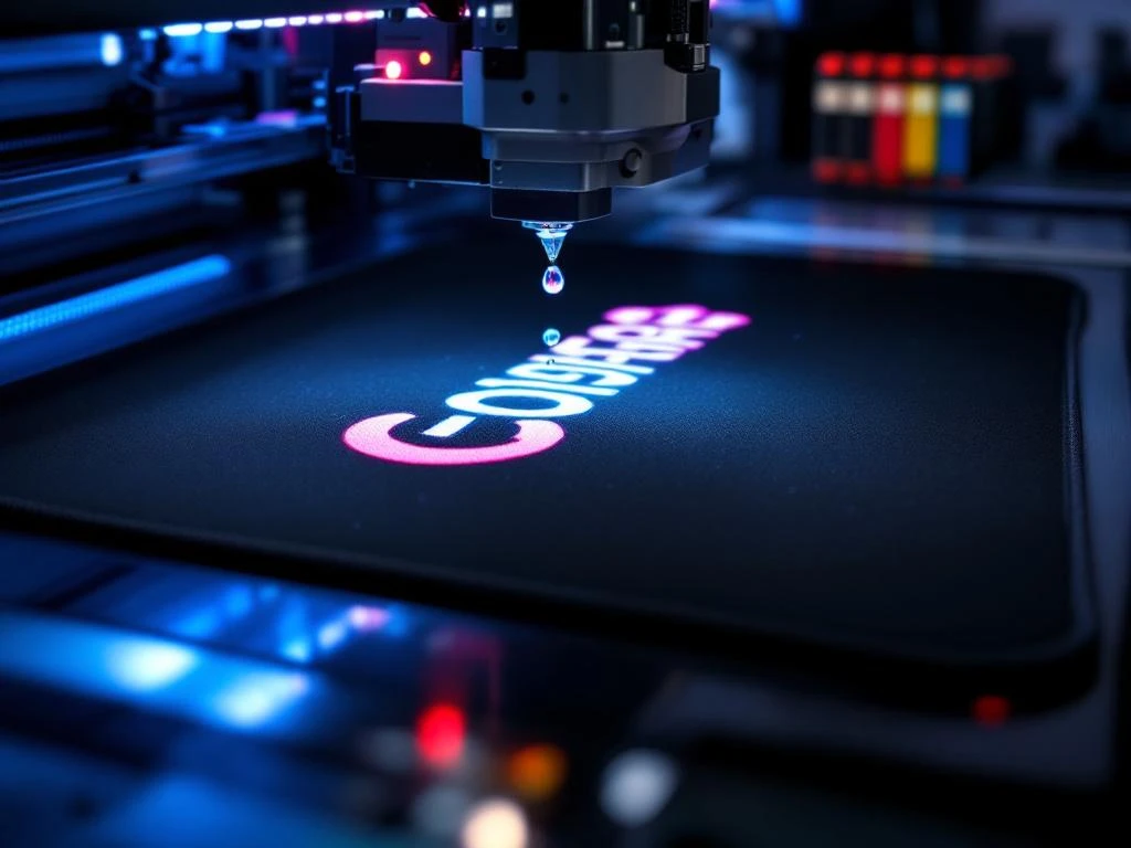 Industrieller Druckprozess für personalisierte Mauspads mit Firmenlogo auf schwarzer Oberfläche in Nahaufnahme