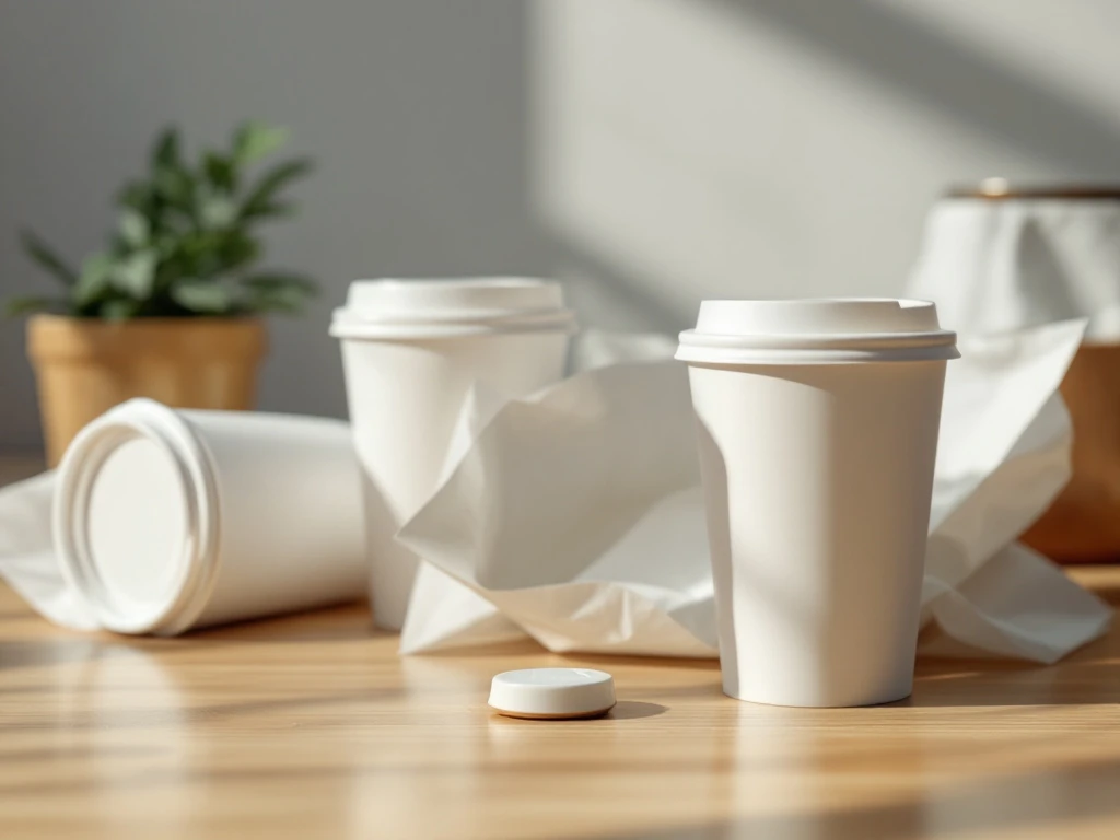 Weiße Coffee-to-go-Becher mit individuellen Logos auf Holzoberfläche, professionelle Lagerung mit Schutzverpackung