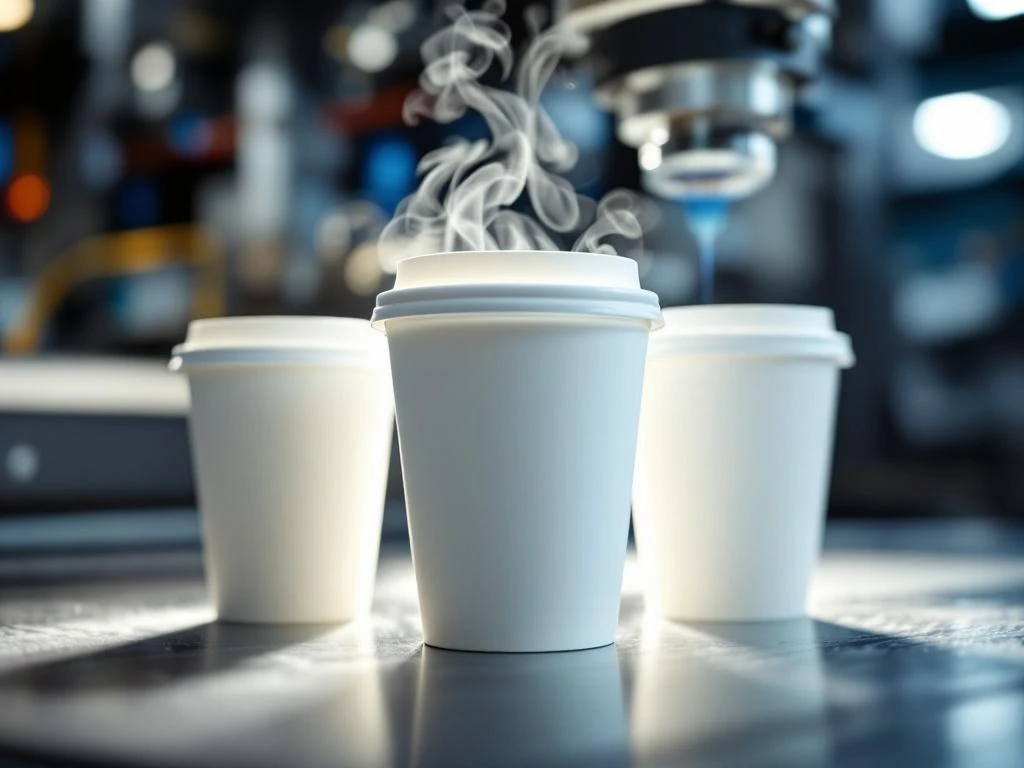 Weiße Kaffeebecher mit farbigem Logo-Druck in professioneller Druckerei mit Industriemaschinen im Hintergrund