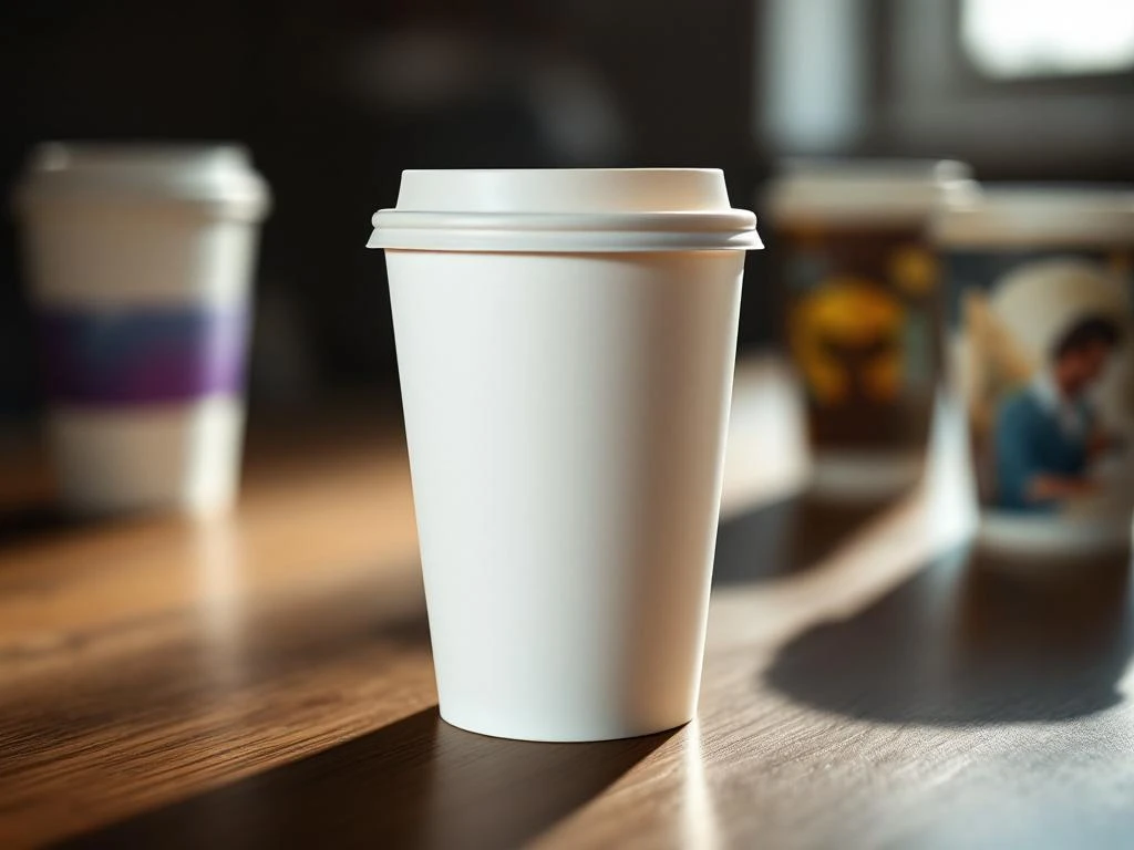 Weiße Kaffeebecher mit frischem Druck im Vordergrund, verblasste Becher im Hintergrund zeigen Druckqualität über Zeit