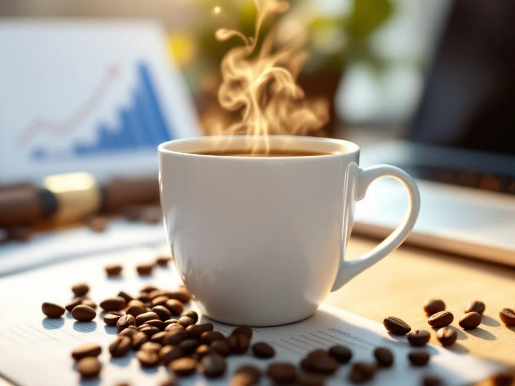 Weiße Kaffeetasse mit dampfendem Kaffee auf modernem Bürotisch mit Laptop und Geschäftsunterlagen im Hintergrund