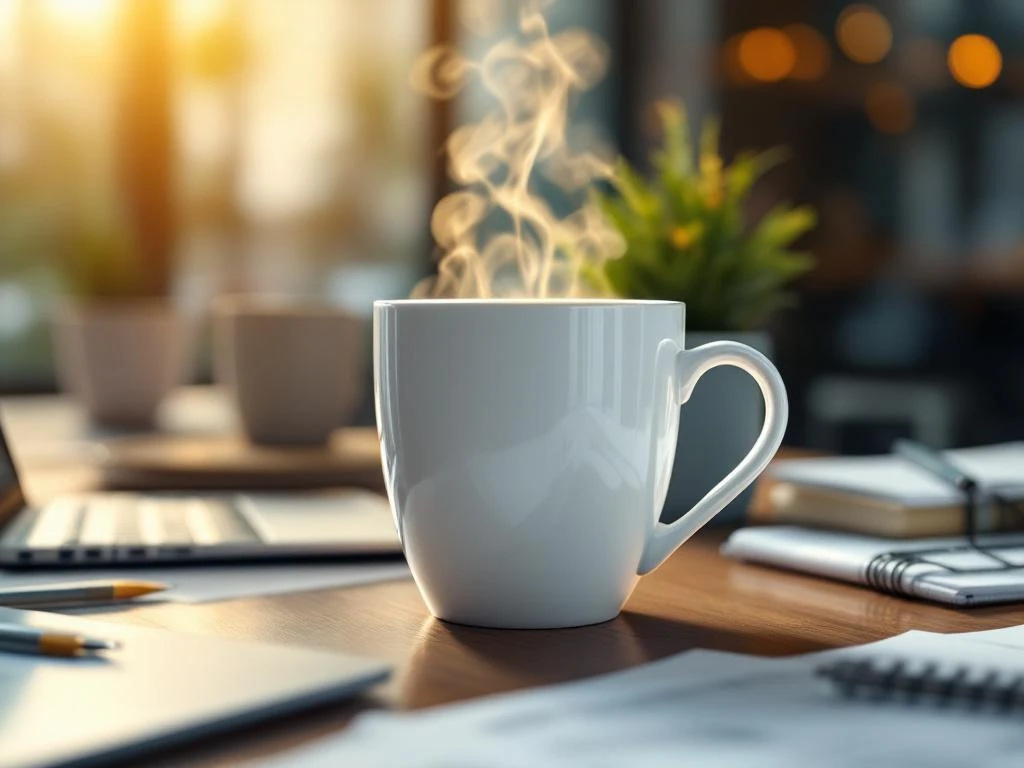 Weiße Kaffeetasse mit Firmenlogo auf modernem Büroschreibtisch, umgeben von Laptop und Dokumenten