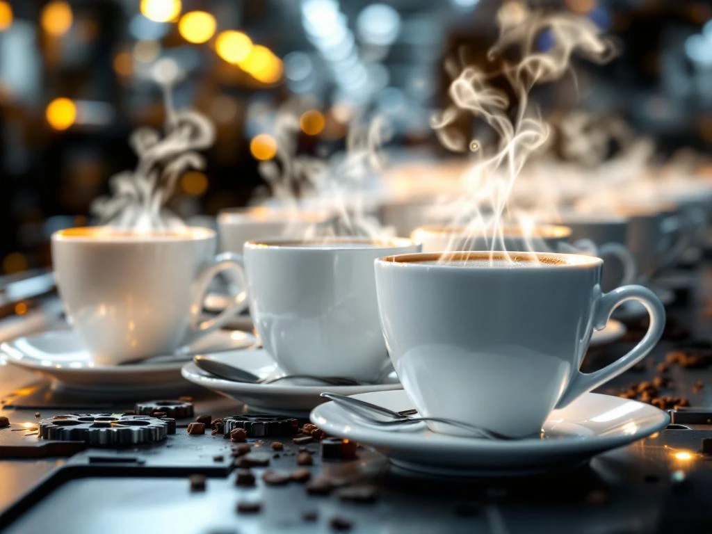 Weiße Kaffeetassen in Produktionslinie mit Druckmaschinen, aufsteigendem Dampf und Farbtropfen in der Luft