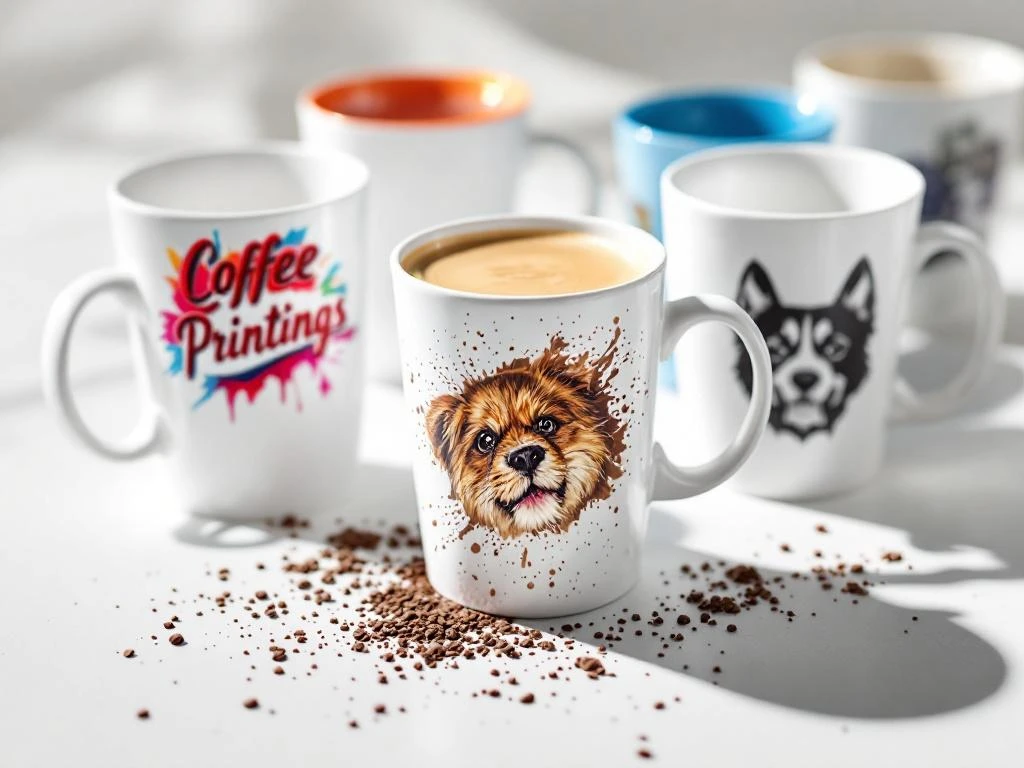 Nahaufnahme von weißen Kaffeetassen mit verschiedenen Drucktechniken wie Siebdruck, Transferdruck und Tampondruck