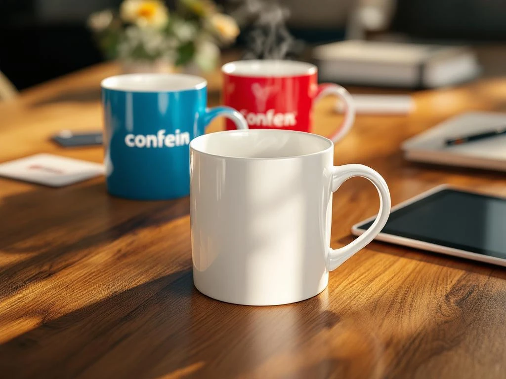 Weiße Kaffeetassen mit bunten Firmenlogos auf Holzkonferenztisch, dampfend, mit Visitenkarten und Tablet im Hintergrund