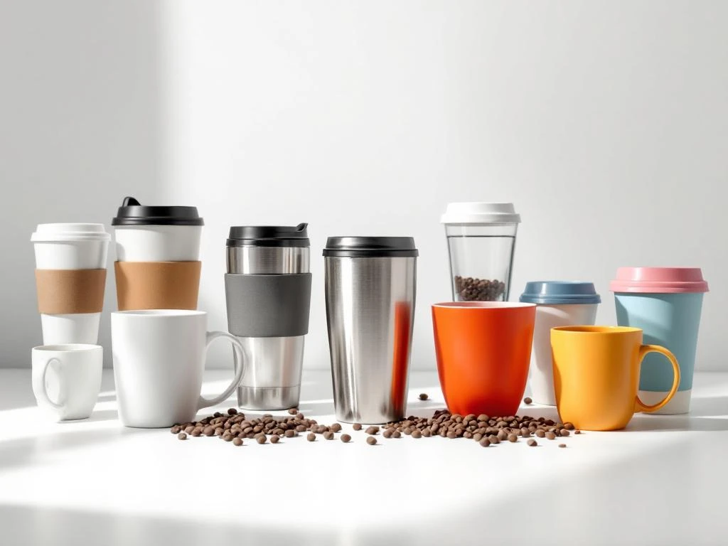 Verschiedene Kaffeetassen aus Keramik, Edelstahl, Bambus, Glas und Melamin auf weißer Oberfläche mit Studiolicht