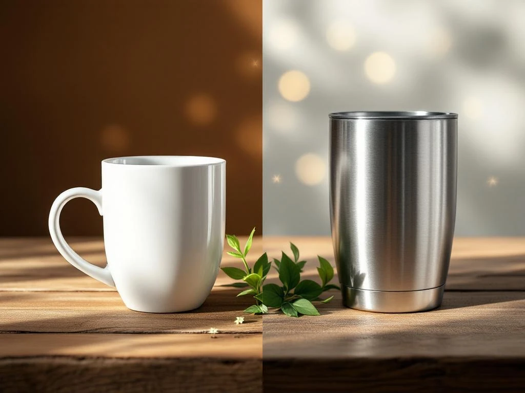 Weiße Keramiktasse und Edelstahltumbler auf Holzoberfläche mit grünen Blättern und Recycling-Symbolen im Hintergrund