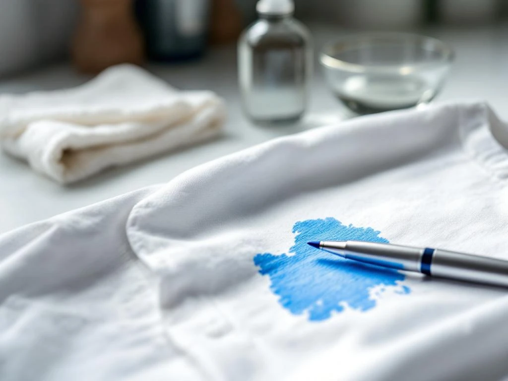Weißes Baumwollhemd mit blauem Kugelschreiber-Fleck, silberner Stift und Reinigungsmittel im Hintergrund