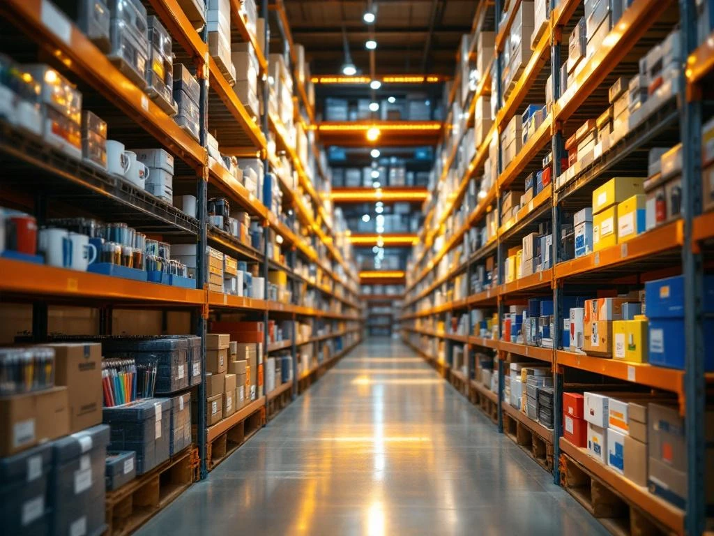 Organisiertes Werbeartikellager mit Regalsystemen voller Werbeartikel, professioneller Beschriftung und LED-Beleuchtung