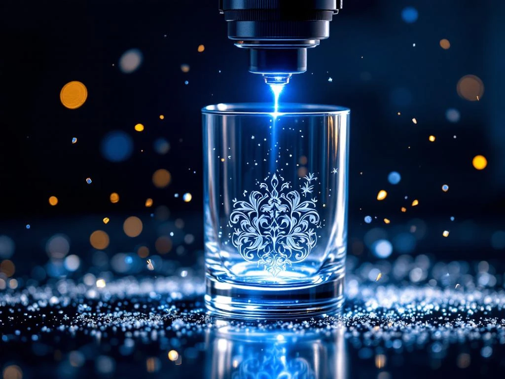 Laser-Graviermaschine graviert präzise Muster in Borosilikatglas-Trinkflasche mit blau-weißem Laserstrahl