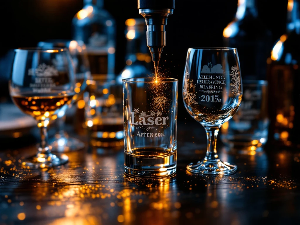 Lasergravur-Werkzeug graviert Muster in Weingläser und Bierkrüge auf dunklem Holz mit dramatischer Beleuchtung