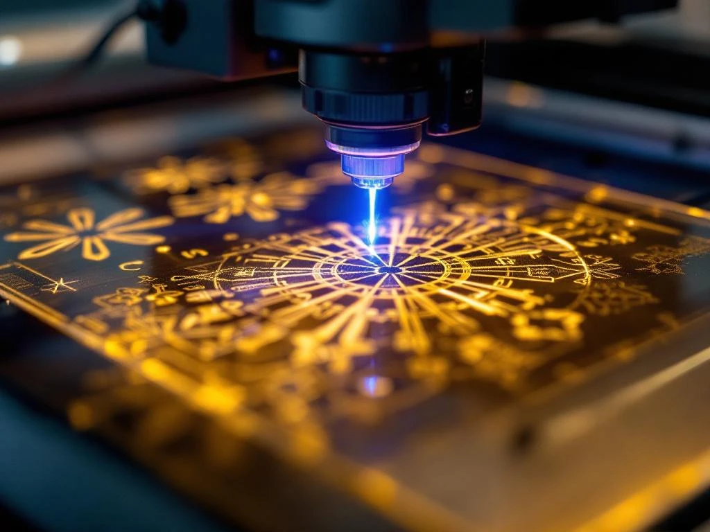 Präzisionslaser graviert geometrische Muster in durchsichtige Plastikflasche mit blauem Laserstrahl in moderner Werkstatt