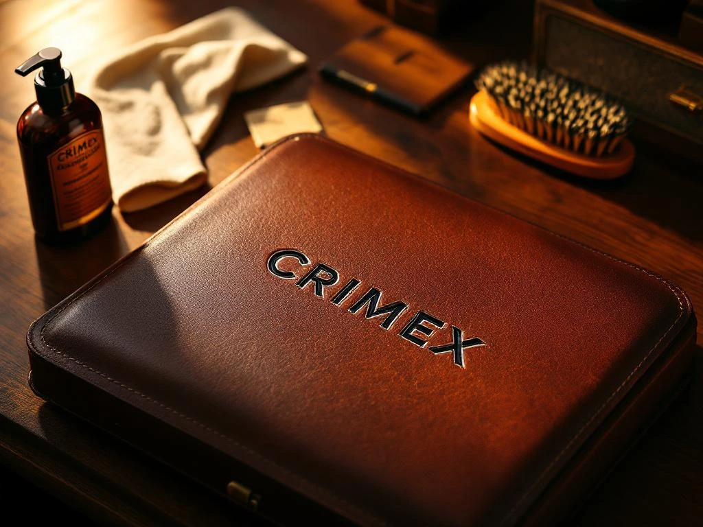 Luxuriöse Ledertasche mit CRIMEX-Logo auf Mahagoni-Schreibtisch, umgeben von Lederpflege-Werkzeugen in warmer Beleuchtung.