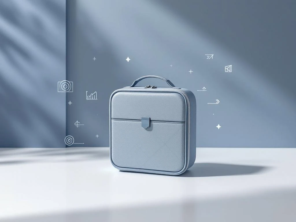 Moderne Lunchbox mit geometrischen Mustern auf weißer Oberfläche, umgeben von Marketing-Icons in blau-grauer Farbpalette