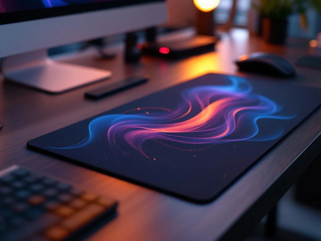 Hochwertiges Mousepad mit professionellem Logo auf modernem Büroschreibtisch neben kabelloser Maus in elegantem Arbeitsplatz