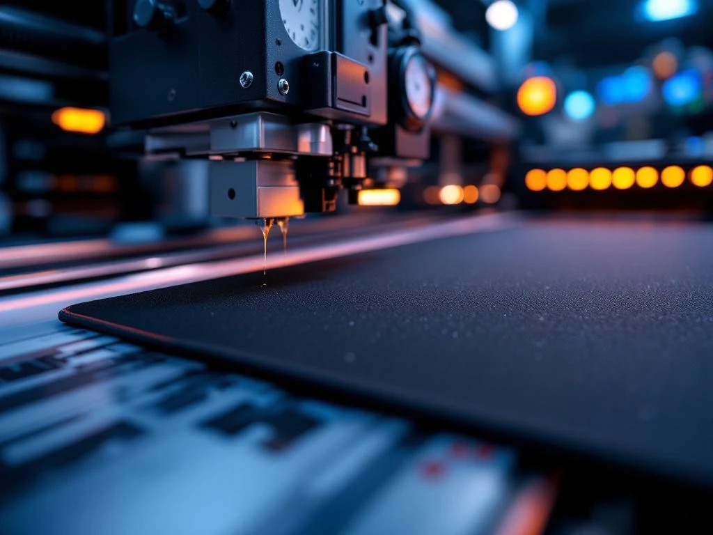 Schwarzes Mousepad wird auf moderner Druckmaschine mit Farbtropfen bedruckt, industrielle Produktionslinie im Hintergrund