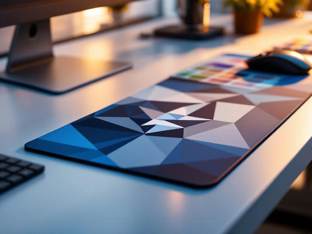 Hochwertige Computermaus-Pad mit geometrischem Logo in Blau und Grau auf modernem Schreibtisch mit Druckqualitäts-Mustern