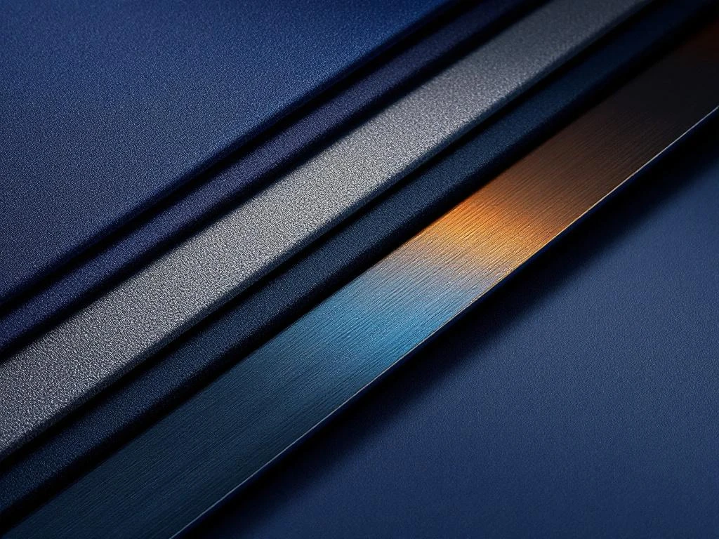 Verschiedene Mousepad-Materialien in diagonaler Anordnung: Stoff-, Gummi- und Metalloberflächen mit dramatischer Studiobeleuchtung