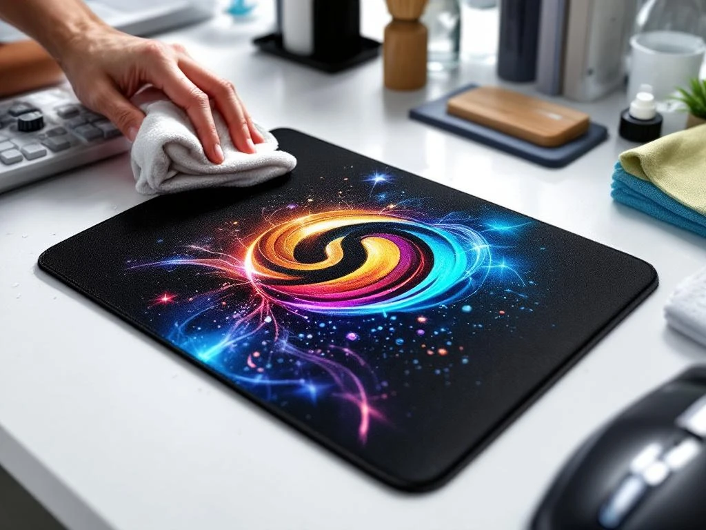 Hände reinigen bedruckte Mausmatte mit Mikrofasertuch, Reinigungssprays und Bürsten auf weißem Arbeitsplatz