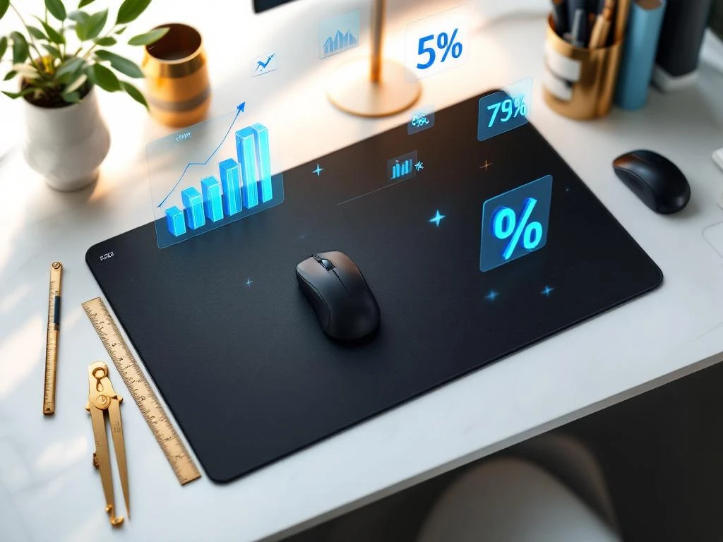 Schwarzes Mousepad mit geometrischen Mustern auf weißem Schreibtisch, umgeben von goldenen Messwerkzeugen und Analytics-Grafiken